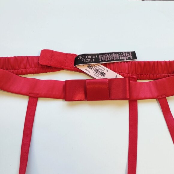 Victoria Secret Very Sexy Red Satin-Black Rhinestone Bow Garter Belts XS/S  2 Pc - Picture 7 of 8